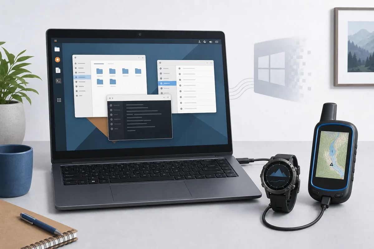 LinuxノートPCとGPS機器の互換性を示す編集用イラスト