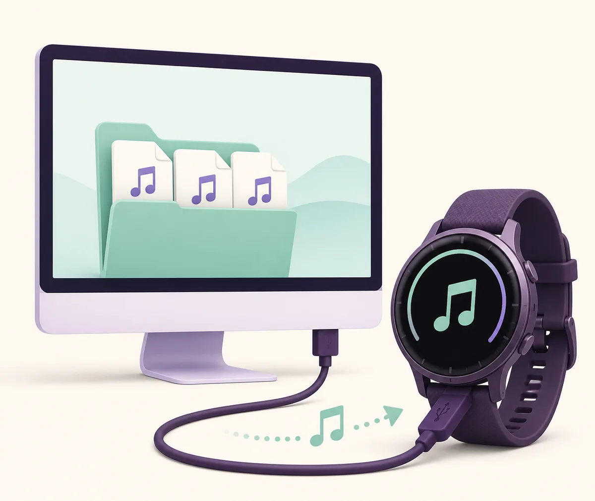 Editorial illustration of local music files moving from a computer toward a music-capable Garmin-style watch