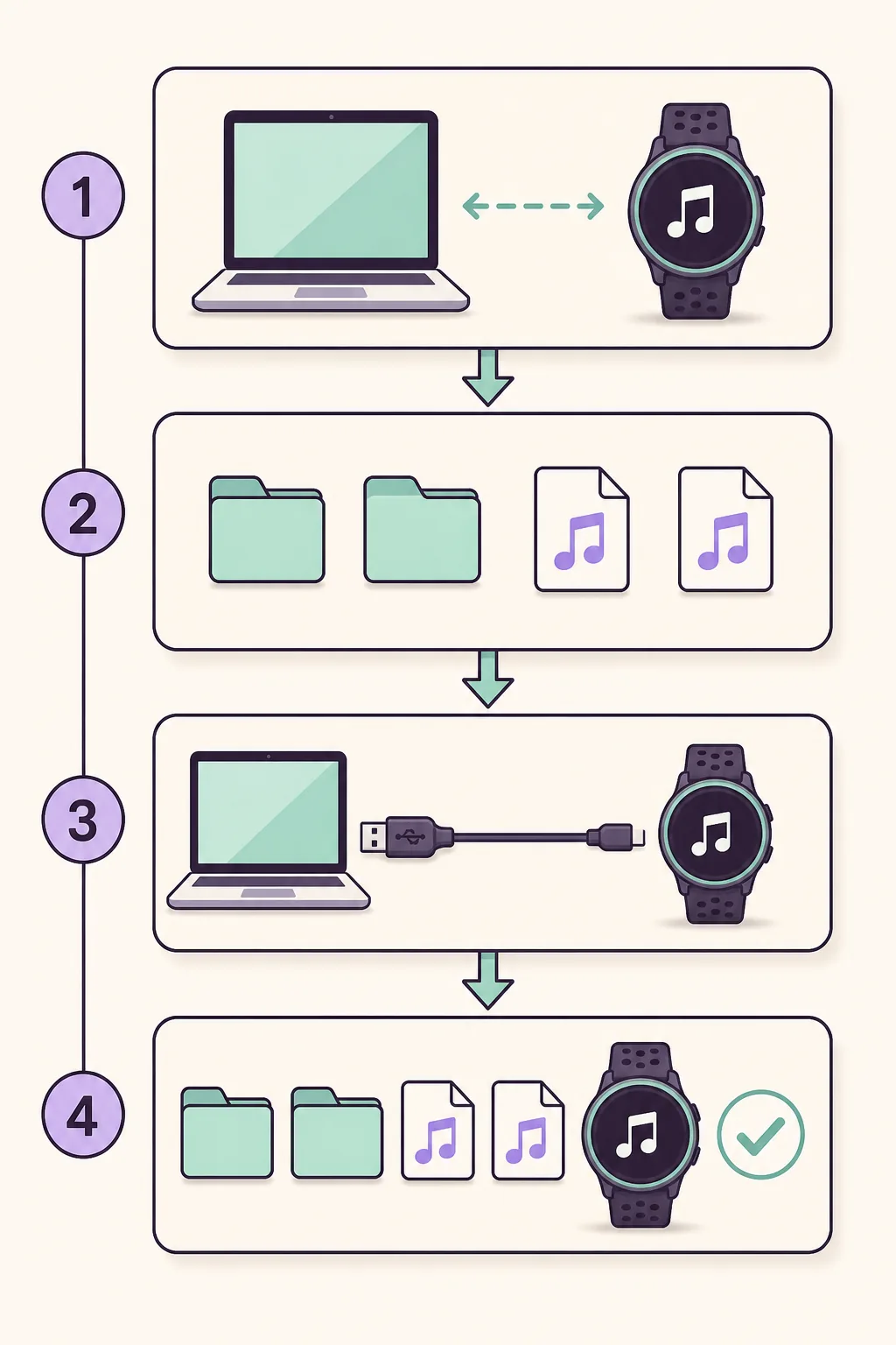 Editorial four-stage illustration showing device check, local music files, USB connection and transfer completion