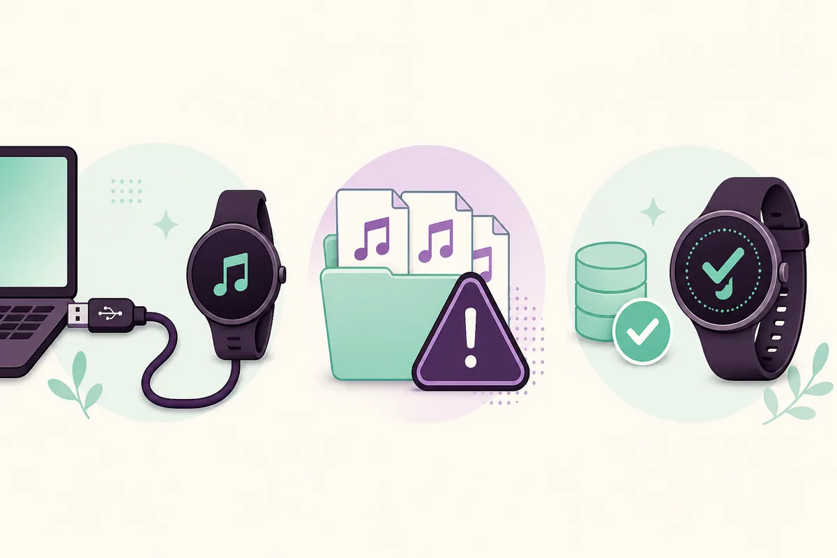 Editorial illustration grouping USB connection, protected music files and storage checks for a missing music transfer