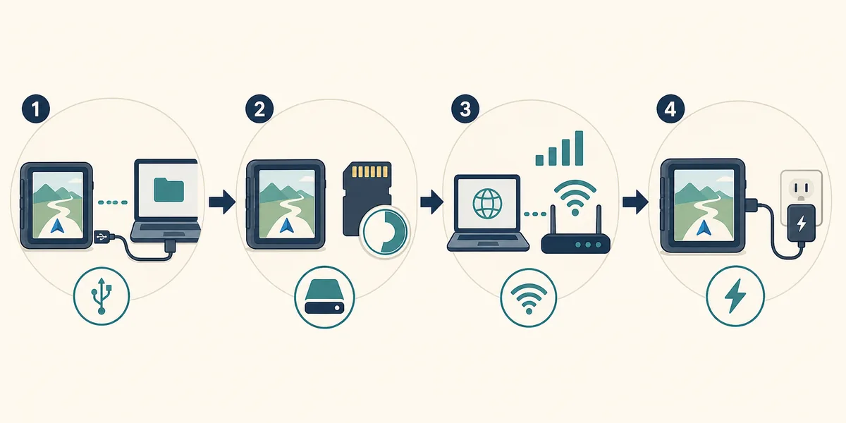 Fluxo editorial com verificações de USB, armazenamento, rede e energia do dispositivo para uma atualização de mapas