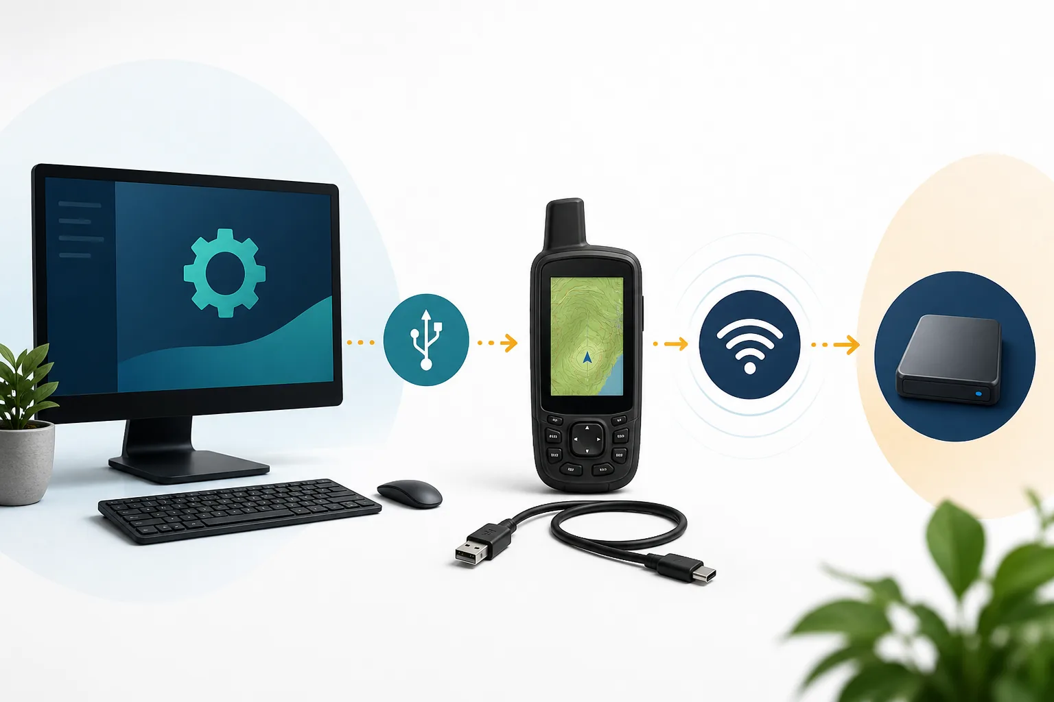 Editorial diagnostic path linking a computer, USB cable, Garmin GPS, network and storage checks