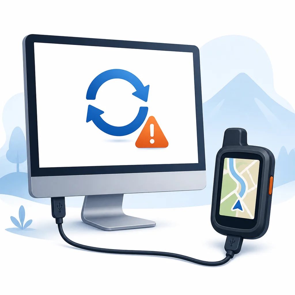 Ilustración editorial de una advertencia genérica de actualización junto a un dispositivo GPS conectado