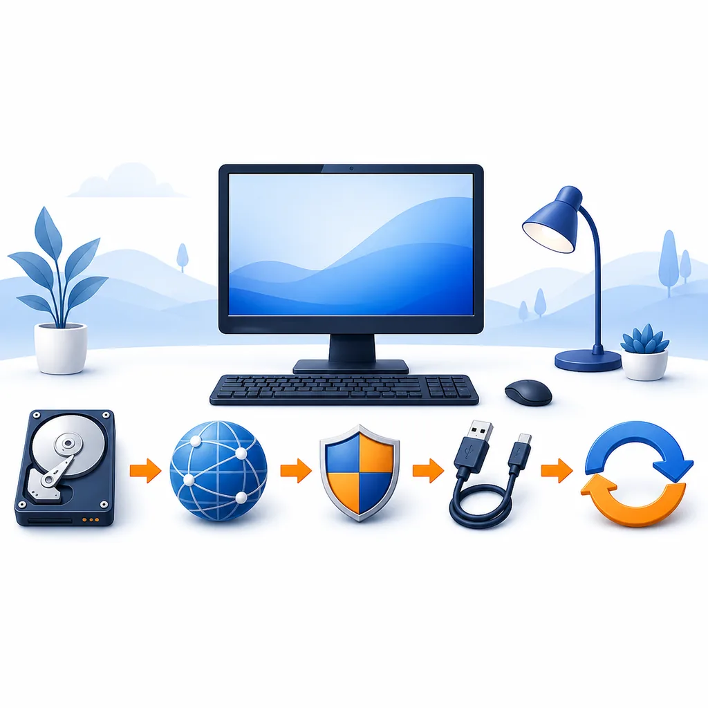 Sequenza editoriale per controllare spazio, rete, autorizzazioni, USB e nuovo tentativo su Windows