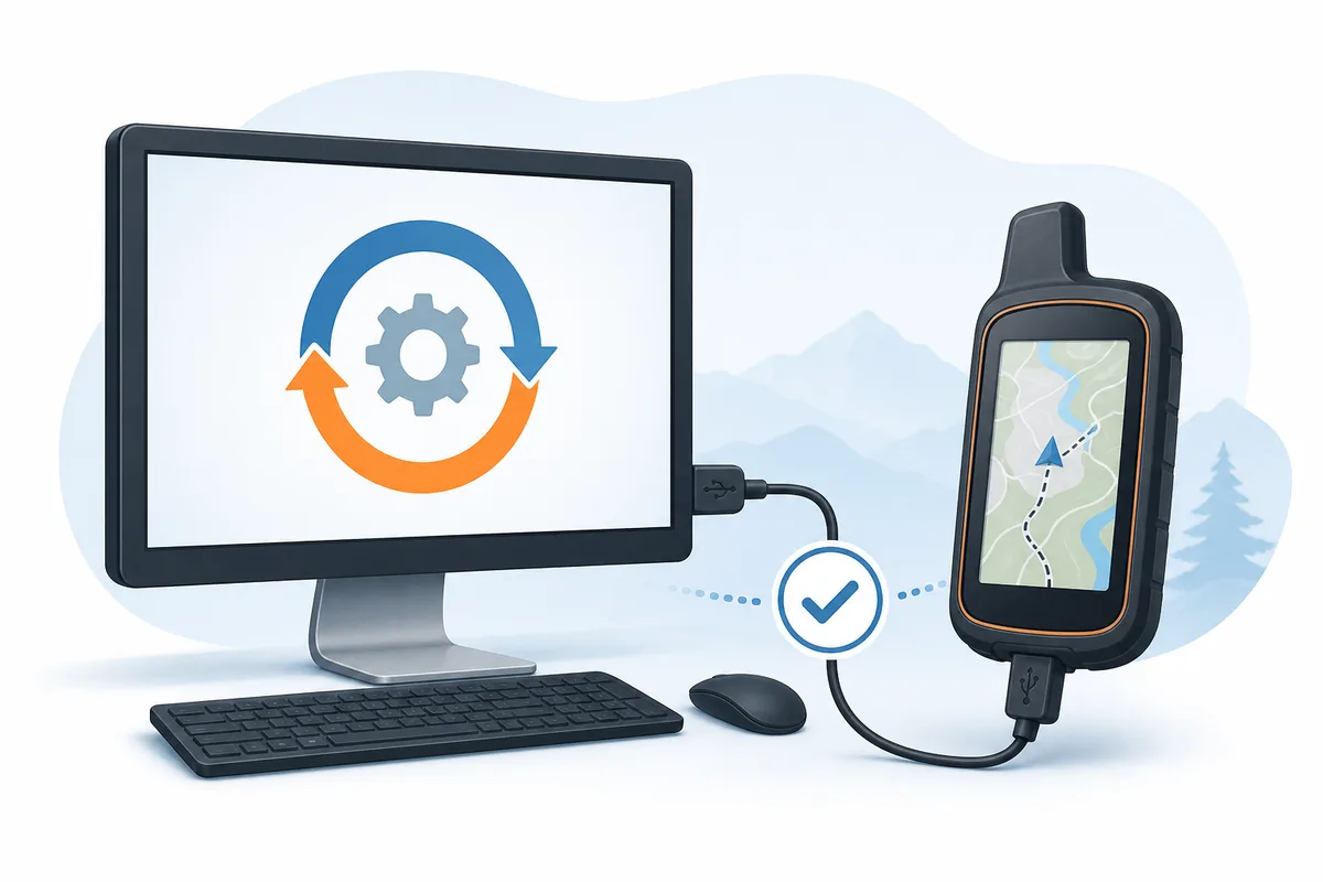 Redaktionelle Illustration eines Computers, der ein verbundenes GPS-Gerät aktualisiert