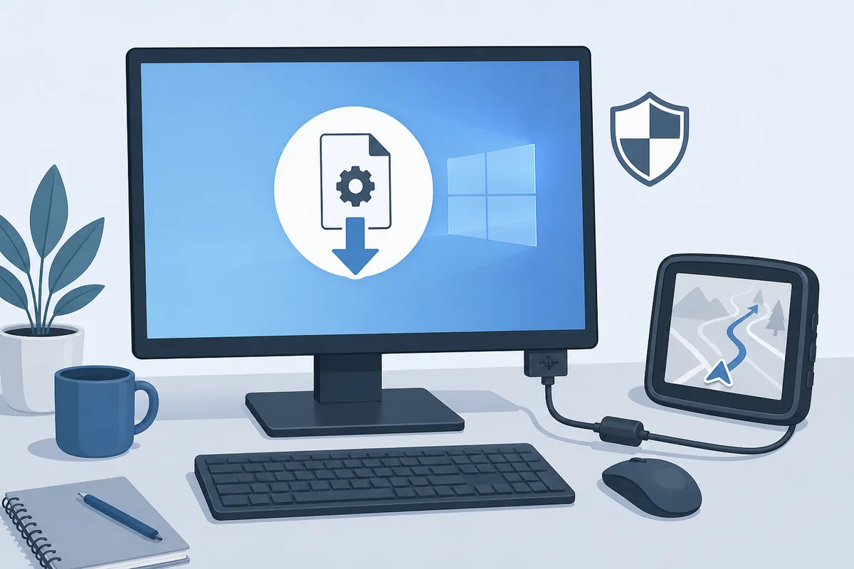 Editorial illustration of a Windows computer downloading an installer before connecting a Garmin-style device by USB