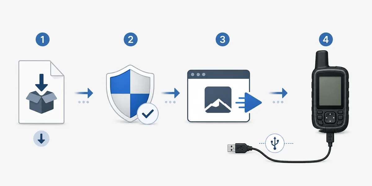 Four-step editorial diagram showing the Garmin Express Windows installer, permission approval, application launch and USB device connection