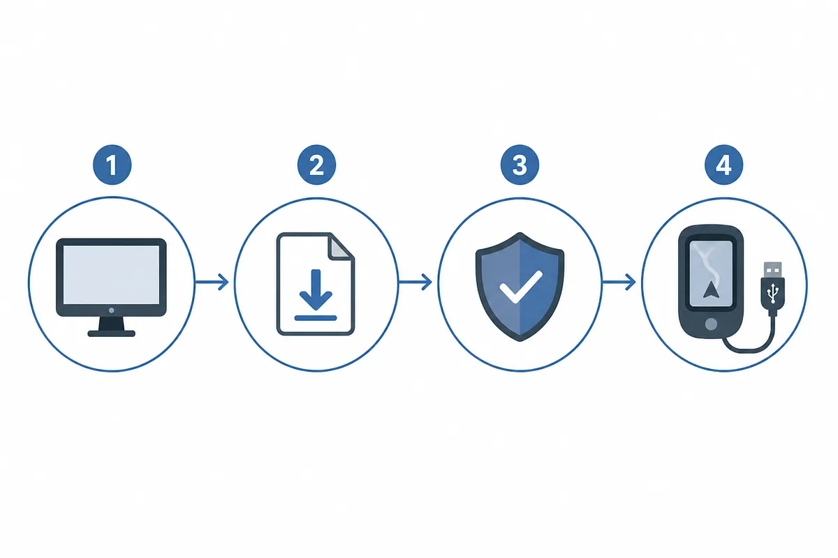 Editorial troubleshooting diagram showing Windows compatibility, the installer file, permission approval and USB connection as separate checks